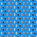 Seamless pattern with craft beer in beer mugs. Light beer, dark beer, ale, and lager in cartoon style. Beer day. Vector