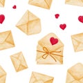 Seamless pattern with craft paper envelopes, red hearts on a white background
