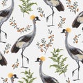 Seamless pattern with crane bird, fern and cranberry. Oriental motif.