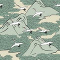 Seamless pattern of cranes over mountains Royalty Free Stock Photo