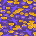 Seamless pattern cranes swans, herons birds fly, water lily, simple asian japanese chinese style orange purple background. trend Royalty Free Stock Photo