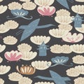 Seamless pattern cranes swans, herons birds fly, water lily, simple lines asian japanese chinese style blue gray background. trend Royalty Free Stock Photo