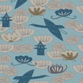 Seamless pattern cranes swans, herons birds fly, water lily, simple lines asian japanese chinese style blue gray background. trend Royalty Free Stock Photo