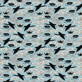 Seamless pattern cranes, swans herons birds fly, water lily simple lines asian japanese chinese style blue gray black background. Royalty Free Stock Photo