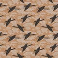 Seamless pattern cranes swans, herons birds fly, water lily, simple lines asian japanese chinese style brown gray background. Royalty Free Stock Photo