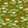 Seamless pattern cranes swans herons birds fly, water lily, simple lines asian japanese chinese style green brown background. Royalty Free Stock Photo