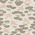 Seamless pattern cranes, swans herons birds fly, water lily simple lines asian japanese chinese style pink beige tan background. Royalty Free Stock Photo