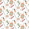 Seamless pattern with cream tube, natural cosmetics on white background. Skin care products flat vector illustration Royalty Free Stock Photo