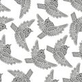 Seamless pattern with creative birds. Decorative sparrows. Good for wrapping, coloring books, cards, etc. Black and white colors.