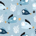 Seamless pattern with creative and colorful fishes and corals. Creative undersea childish texture. Great for fabric, textile