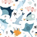 Seamless pattern with creative and colorful fishes . Creative undersea childish texture. Great for fabric, textile Vector