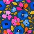 Seamless pattern with creative decorative flowers in blue, orange and pink trendy colors. Great for fabric, textile. Vector