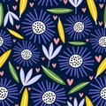 Seamless pattern with creative decorative flowers in scandinavian style. Floral hand drawn blue colors background. Great for Royalty Free Stock Photo