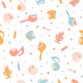 A Seamless Pattern of Creative Items. Simple Flat style. Brush and Palette, accordion, Microphone, note and pencil.