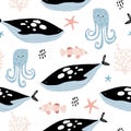 Seamless pattern with creative killer whale, octopus, clown fish. Creative undersea childish texture. Great for fabric, textile