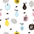 Seamless pattern with creative modern fruits. Hand drawn trendy background. Great for fabric and textile. Vector Illustration.