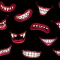 Seamless pattern with creepy monster smiles on the dark background.