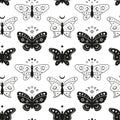 Seamless pattern with crescent moon, black and outline butterflies, stars.