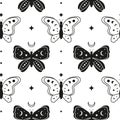 Seamless pattern with crescent moon, black and outline butterflies, crescent moon, stars.