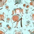 Seamless pattern on the crochet theme. Cute needlewoman with a crochet hook. Vector