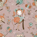 Seamless pattern on the crochet theme. Cute needlewoman with a crochet hook. Vector Royalty Free Stock Photo