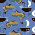 Colorful seamless pattern, crocodiles - pirates, boats. Decorative cute background with funny reptiles, aqua