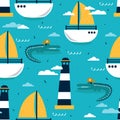 Colorful seamless pattern, crocodiles - pirates, boats, lighthouse. Decorative cute background, funny reptiles