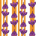 Seamless pattern with crocus illustration on white and orange striped background, great design for any purposes. Greeting