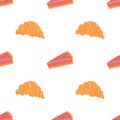 Seamless pattern with croissant and cake. Flat vector background of pastry, bakery product, snack Royalty Free Stock Photo