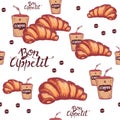 Seamless pattern of croissant with sesame. cup of coffee. bon appetit.vector illustration on white background. vector background f