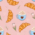 Seamless pattern with croissants, coffee and flowers. Vector graphics