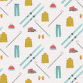 Seamless pattern with cross-country skis and winter sportswear