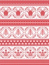 Seamless pattern in cross stitch with angel, Christmas tree, heart, reindeer and decorative ornaments Royalty Free Stock Photo