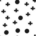 Seamless pattern with crosses and round dots on a white background. Painted by hand with a rough brush. Grunge, sketch, graffiti.