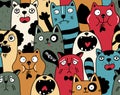 Seamless pattern with crowd of cats in different colors.