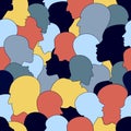 Seamless pattern of a crowd of many different people profile heads from diverse ethnic. Vector background