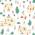 Seamless pattern with crowd of people performing healthy activities and playing sports games in park. Backdrop with