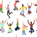 Seamless pattern with crowd of young happy multinational diverse people in jumping poses with hands up