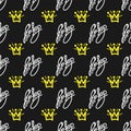 Seamless pattern with crowns and handwritten text Hip-hop. Musical print.