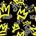 Seamless pattern with crowns and hip hop lettering drawn by hand. Music print. Vector illustration. Royalty Free Stock Photo