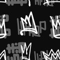 Seamless pattern with crowns and inscriptions Hip Hop. Drawn by hand.