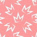 Seamless pattern with crowns painted brush strokes. Background with round dots.