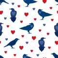 Seamless pattern with crows and heart symbols in blue and red colors on a white background.