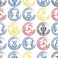 Seamless pattern with cryptocurrency logotypes in hand drawn style