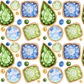 Seamless pattern Crystal in a gold frame and jewelry beads. Hand drawn watercolor green, blue Gemstone diamond. White Royalty Free Stock Photo