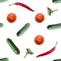 Seamless pattern with cucumber, tomato, broccoli and red hot pepper. Royalty Free Stock Photo