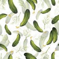 Seamless pattern of cucumbers and dill. Watercolor illustration of green vegetables and herbs.