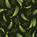 Seamless pattern of cucumbers and dill. Watercolor illustration of green vegetables and herbs.