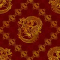 Seamless pattern cunning gold Asian dragon on red