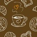 Seamless pattern. Cup of coffee and bakery products. Royalty Free Stock Photo